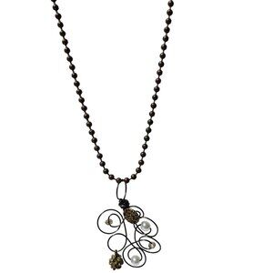 Handcrafted Black Wire Pendant Necklace Faux Pearls Bronze Accents Ball Chain